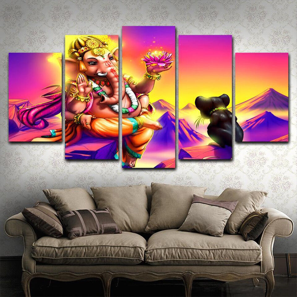 Lord Ganesha With Lotus Flower Poster 5 Panel Canvas Print Wall Art Home Decor