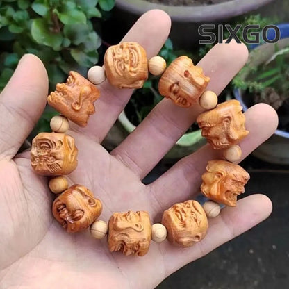 Cliff Cypress Wood Carving Bracelet Luck Eighteen Arhats HandString Jewelry