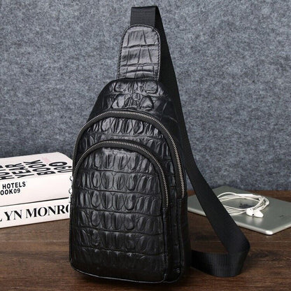 Black Real Leather Sling Backpack, Men's Crossbody Chest Bag Crocodile Print