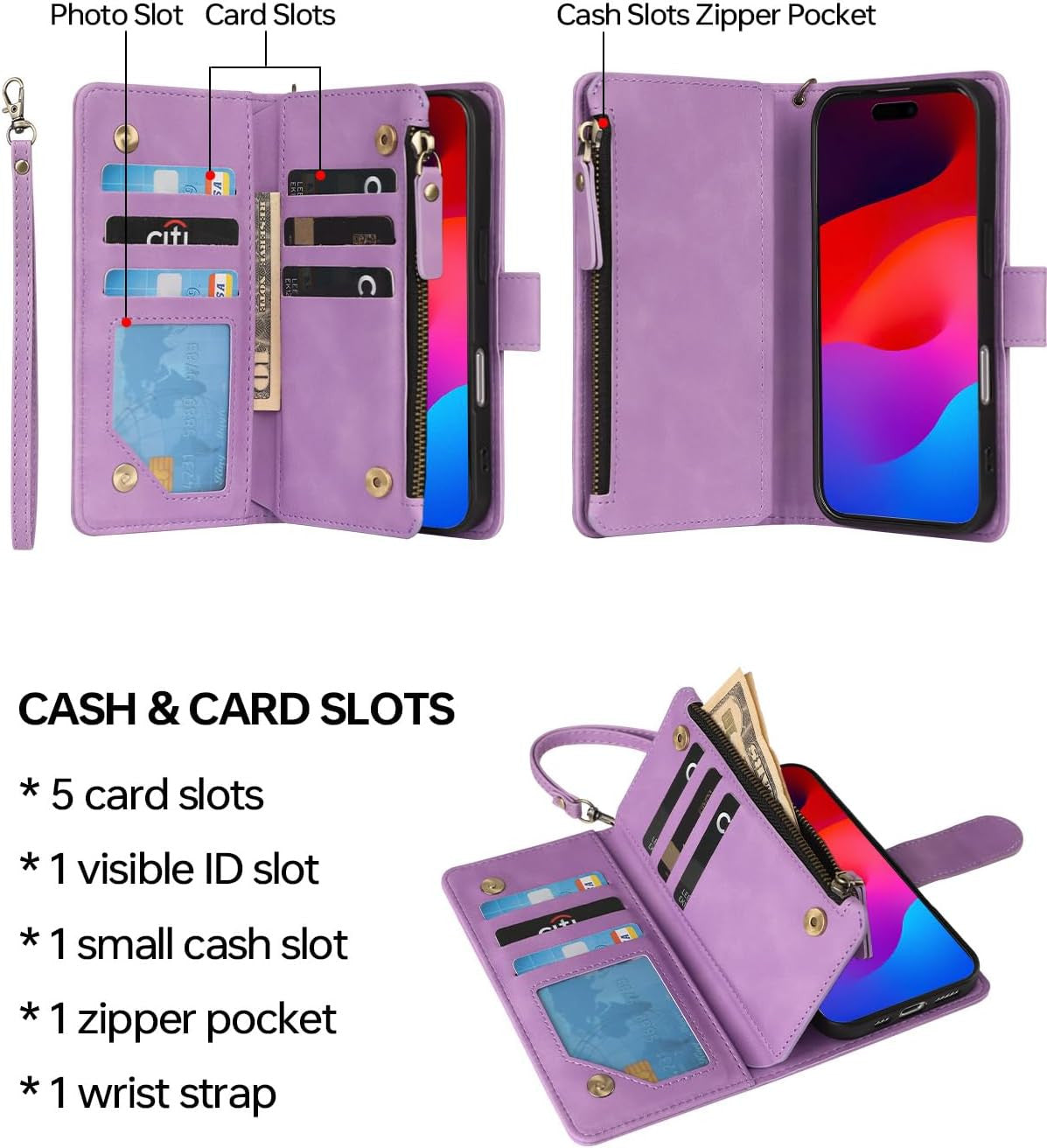 Wallet Case Compatible with Iphone 17, 6 Card Holder with RFID Blocking, PU Leat