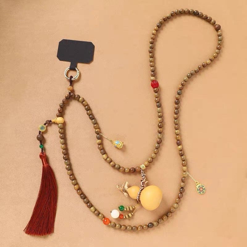 New Chinese Gourd Green Sandalwood Beaded Necklace Phone Crossbody Chain Women
