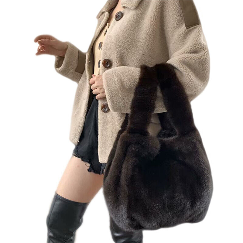 Womens Real Fur Handbag Full-pelt Mink Fur Tote Bag Genuine Sheep Leather Bottom