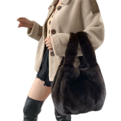 Womens Real Fur Handbag Full-pelt Mink Fur Tote Bag Genuine Sheep Leather Bottom