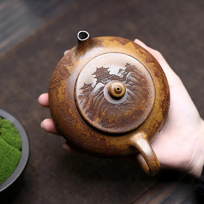 Yixing Handmade Teapot Hand-carved Landscape Pattern Kettle Chinese Zisha TeaSet