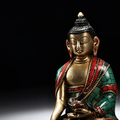 4.8" Old China Antique Pure Copper Inlay Gem Color Painting Buddha Statue
