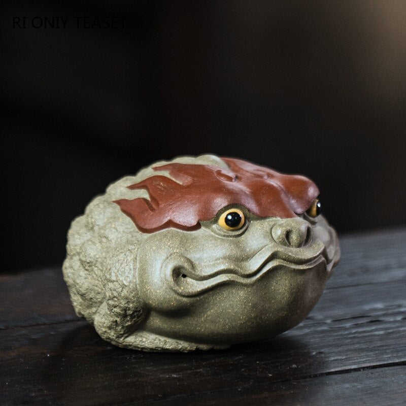3.78" Yixing Purple Clay Tea Pet Lucky Wealth Raise Golden Toad Statue Ornament
