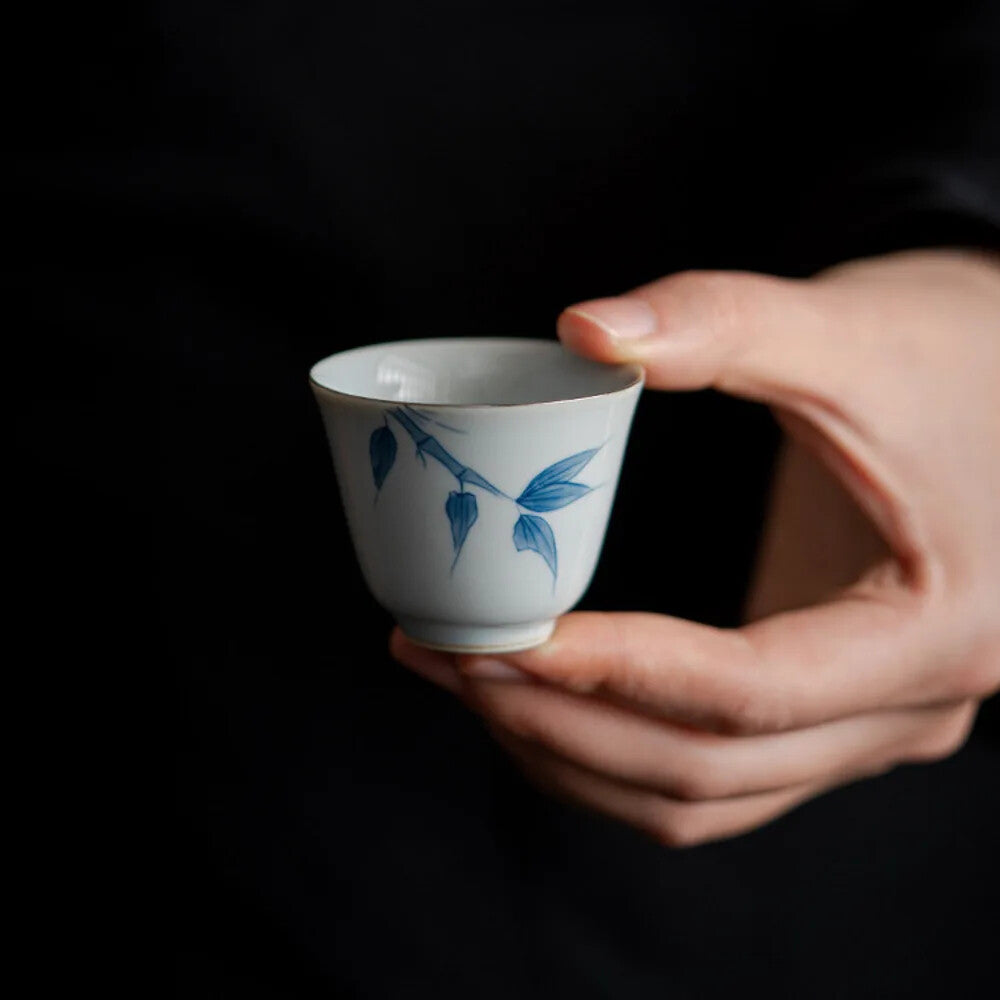 1PC Hand-painted Blue Bamboo Ceramic Tea Cup Handmade Small Cup Household