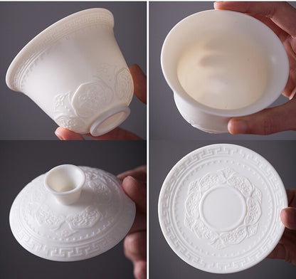 Handmade Tureen Fat Mutton Jade Porcelain Gaiwan Covered Bowl Relief Lid Saucer