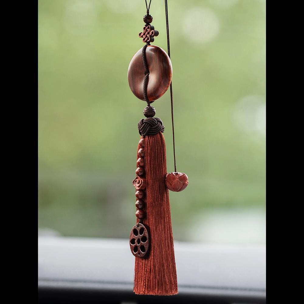 Red Sandalwood Peace Buckle Car Hanging 9.45in Wealth Tassel Pendant