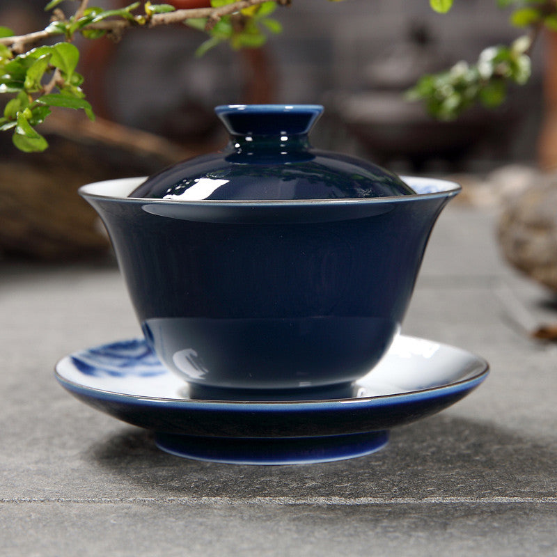 Porcelain Gaiwan Blue Glaze Tureen Jingdezhen Handpainted Covered Bowl Tea Cup