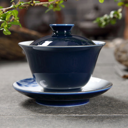Porcelain Gaiwan Blue Glaze Tureen Jingdezhen Handpainted Covered Bowl Tea Cup
