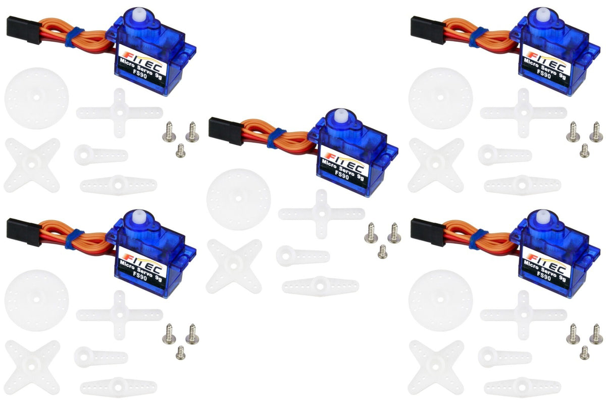 5 Pack FS90R Continuous Rotation Servo, Mini Size, 9g Weight, 32.6×12.5×27.3mm