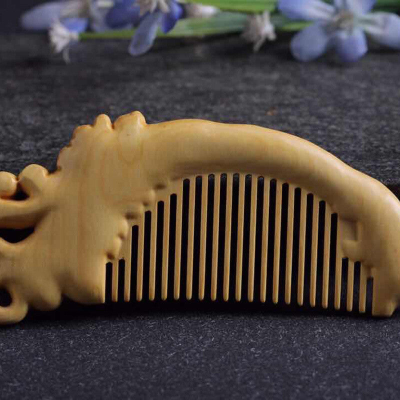 140*65*13mm Peony Flowers  Pattern Hand Carving Boxwood Crafts Gift Comb