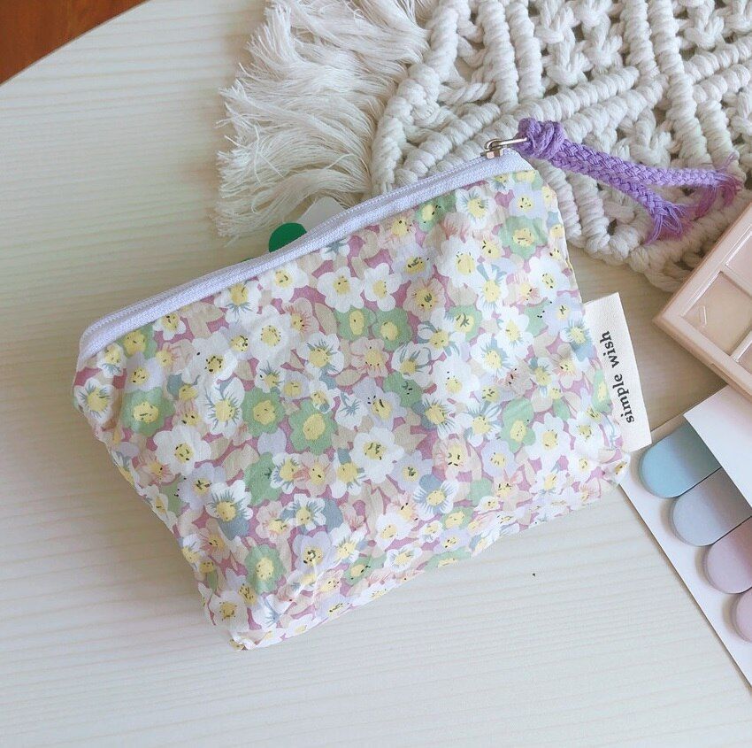 Cotton Floral Organizer Bag Small Fabric Cosmetic Make Up Purse Coin Pouch Case