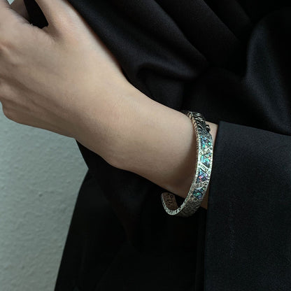 Shell Inlay Geometric Graffiti Totem Open Bangle Ins Niche Design Bracelet
