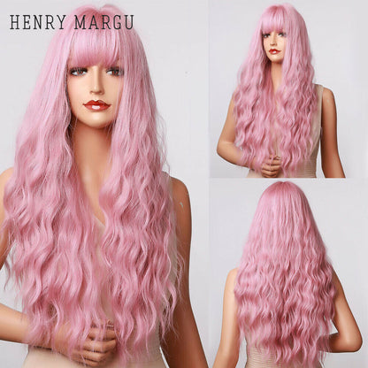 Long Wavy Wigs with Bangs Cosplay Party Synthetic Hair Wigs for Black Women