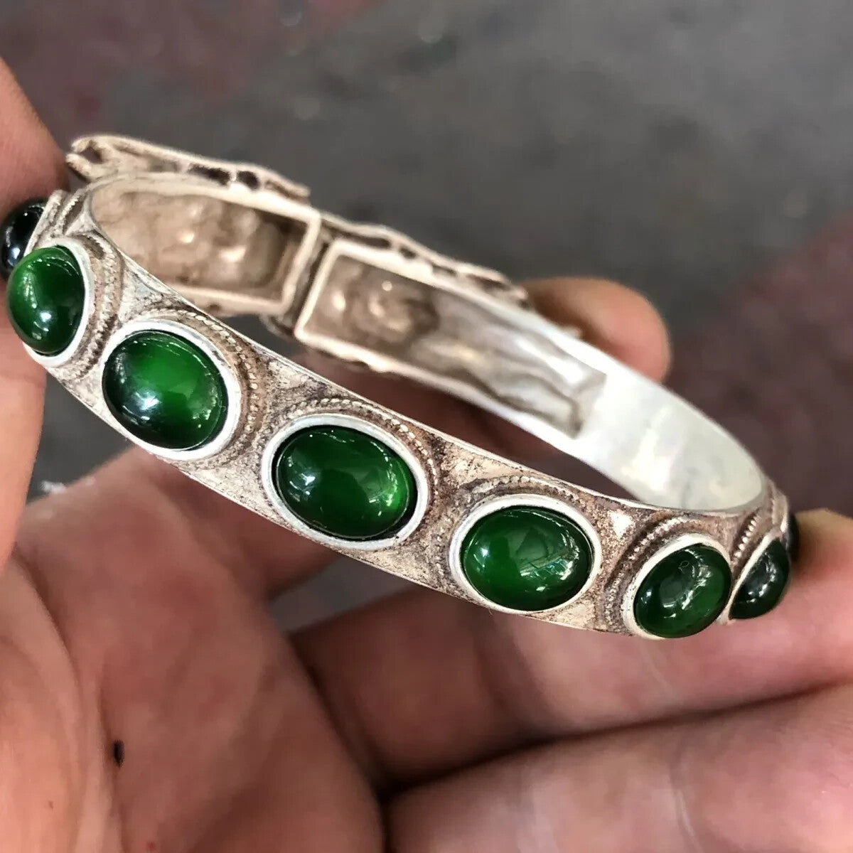 Ancient China Qing Dynasty Antique Dragon Bangle Colect Inlaid Gemstone Bracelet