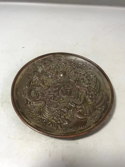 Rare Chinese bronze dragon phoenix statue collectable tea pet plate home decor