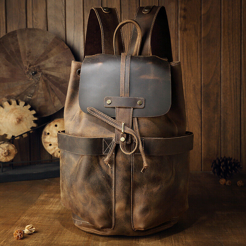 Crazy Horse Leather Drawstring Backpack, Men's Travel Bag, 15.6" Laptop Daypack