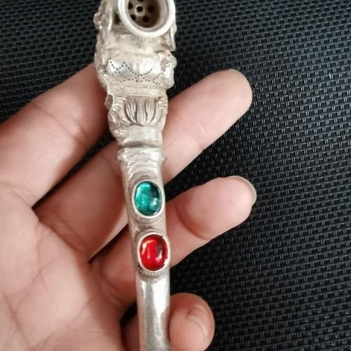 Old Chinese tibet hand-carved Dragon phoenix inlay gem pipe Smoking tools