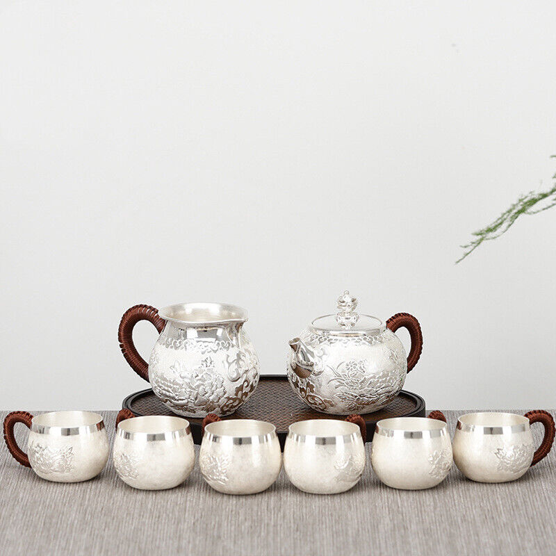 Sterling Silver Tea Set Stove Kettle Tea Pot Tea Cups Handmade Wealth Blooms Set