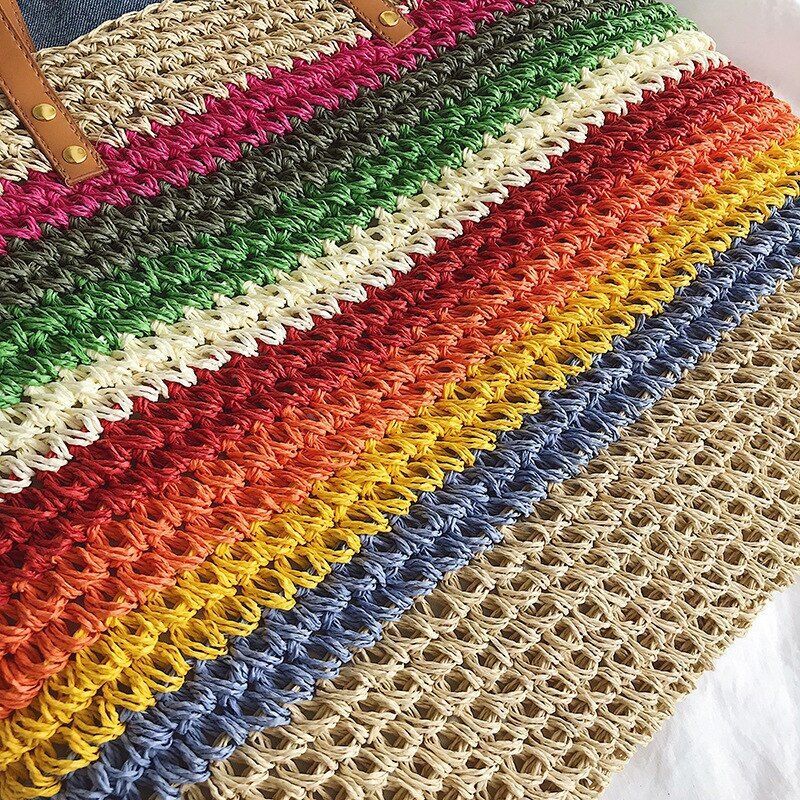 Rainbow Color Handbag Bag Rattan Woven Handmade Knitted Straw Large Tote Purse
