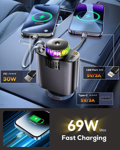 Retractable Car Charger with Air Freshener Diffuser & Star Lights,Multi Port Cig