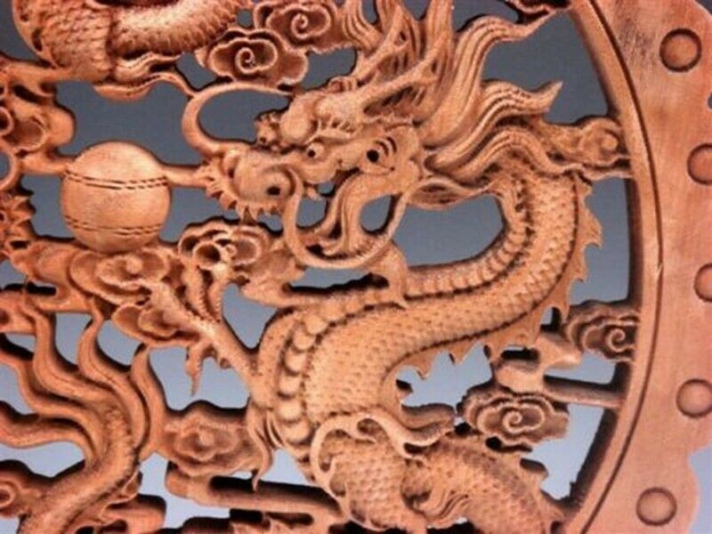 Hand Carved Camphor Wood Round Plate Wall Sculpture Dragon Statue