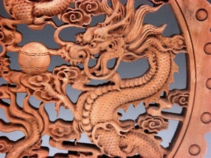 Hand Carved Camphor Wood Round Plate Wall Sculpture Dragon Statue