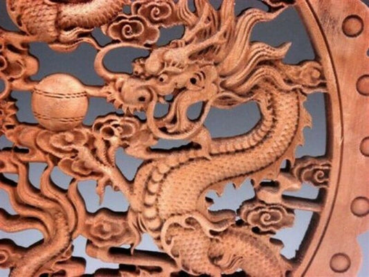 Hand Carved Camphor Wood Round Plate Wall Sculpture Dragon Statue