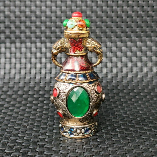 Ancient Chinese Silver and Green Faceted Gemstone Art Bottle