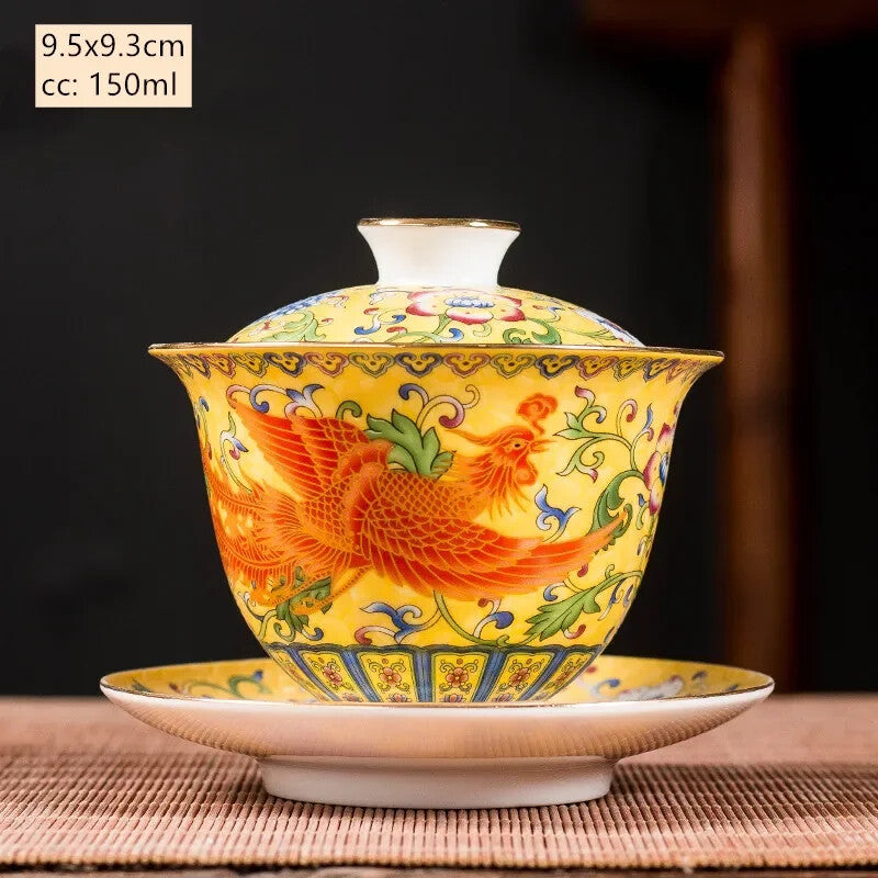 Ceramics Sancai Gaiwan Bowl Dragon and Phoenix Tea Cup Handmade Enamel Color