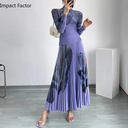 Spring Miayke Long Sleeve Women'S T-Shirt Bottomed Blouse+Pleated Skirt