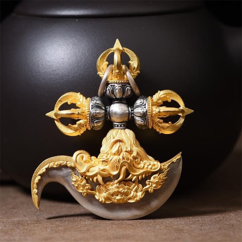 Tibetan Vajra Axe Pendant Copper Silver Plated Handmade Vajra Pestle Amulet