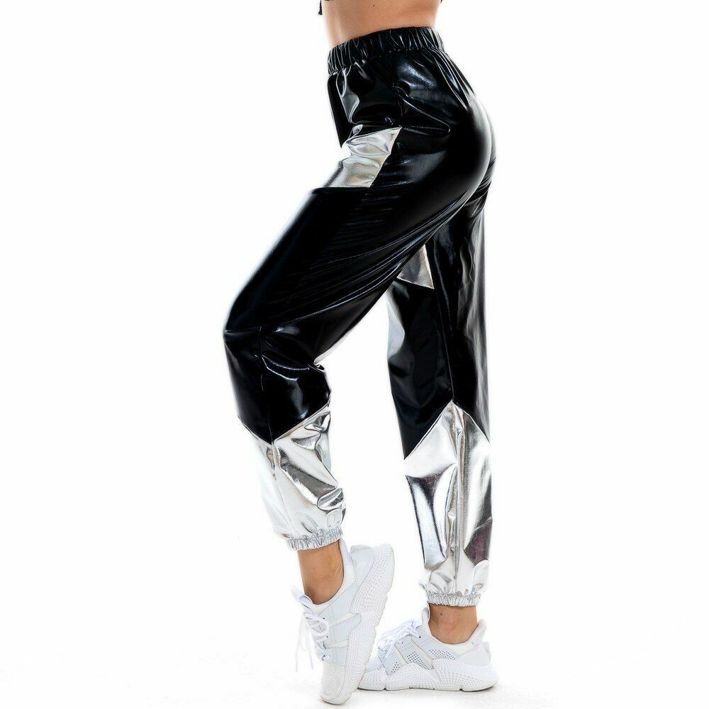 Women Pants Long Pockets High Waist Loose Holographic Patchwork Trousers Jogger
