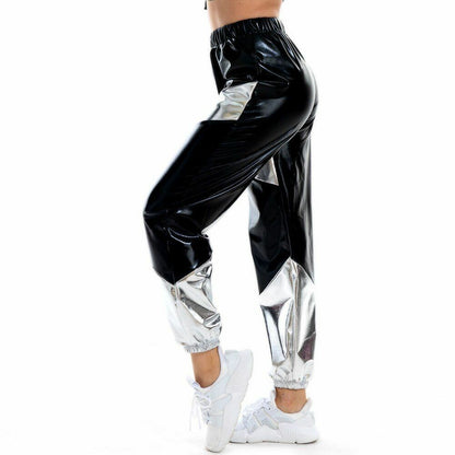Women Pants Long Pockets High Waist Loose Holographic Patchwork Trousers Jogger