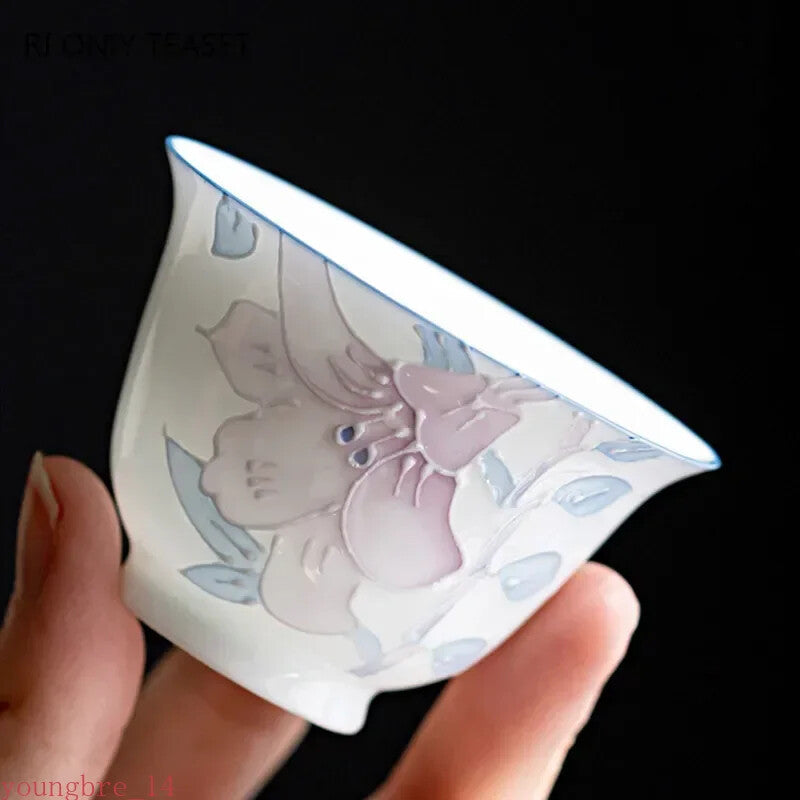 Chinese Hand-painted Ceramic Teacup Three-dimensional Relief Flowers Tea Set