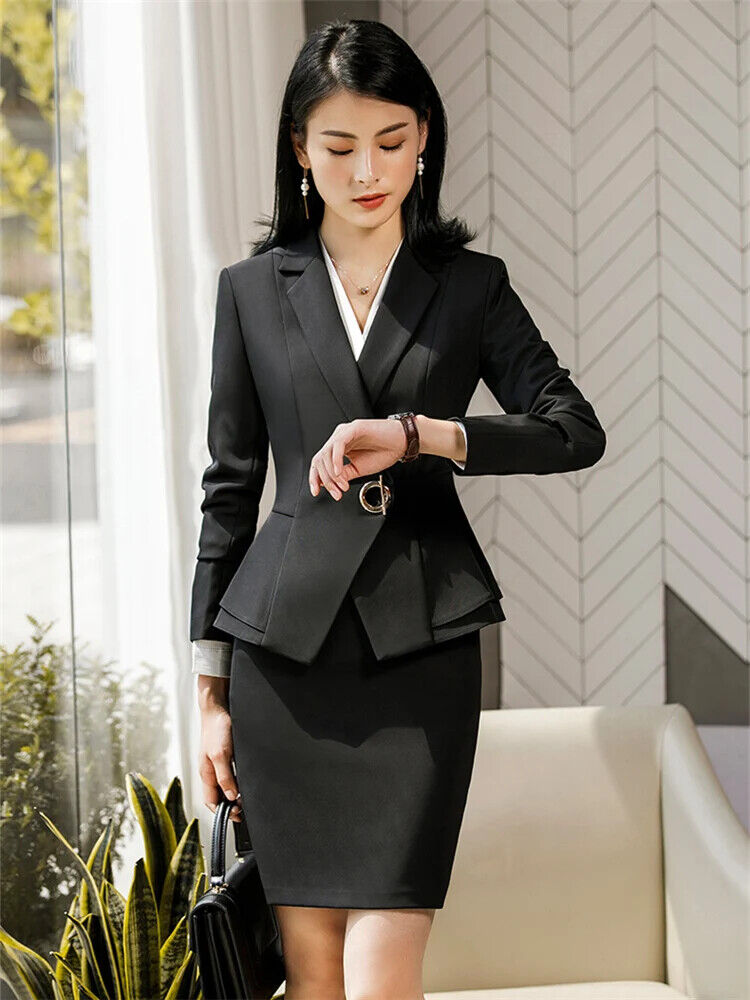 Women Skirt Suits 2 Piece Set Office Ladies Pants Business Suit Set Black Suits