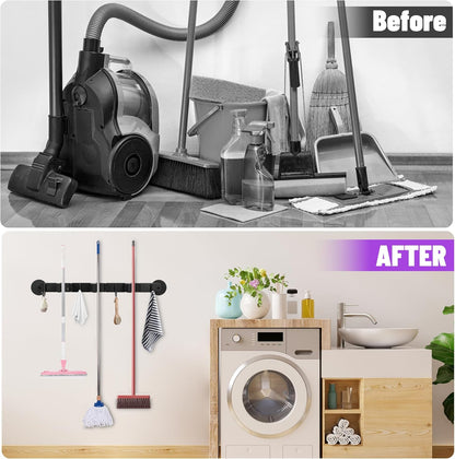 Magnetic Broom Holder Wall Mount - Heavy Duty Non-Slip Mop Hanger with 4 Hooks a