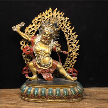 Old Tibet Bronze Painting Buddhism Vajrapani Chana Dorje Mahakala Buddha Statue