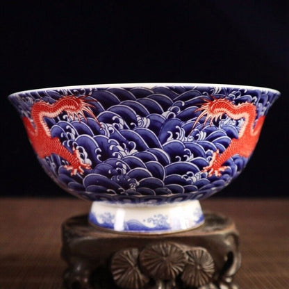 6.2" Chinese Blue and White Porcelain Red Glaze Two Dragon Grain Big Bowl