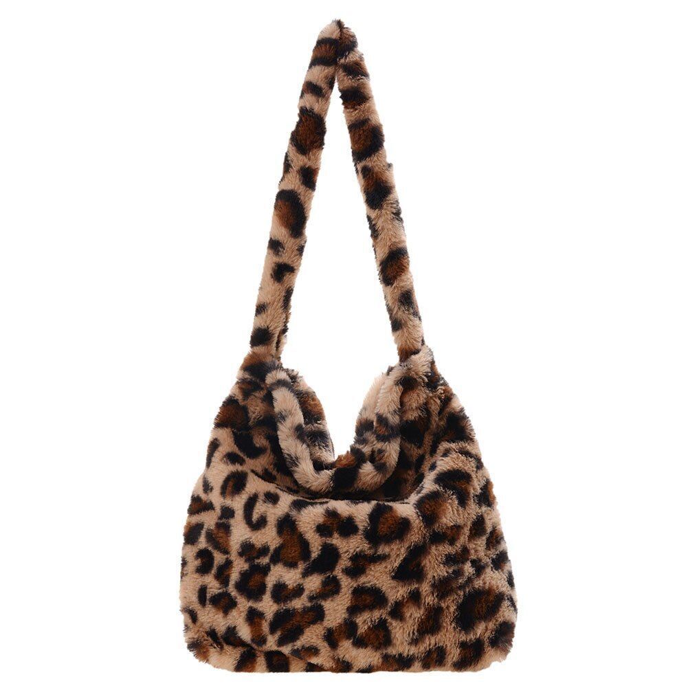 Heart Leopard Print Bag Soft Plush Shoulder Bag Large Travelling Purse 30*25*6CM