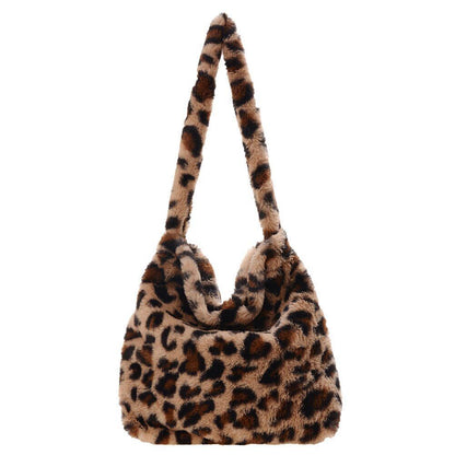Heart Leopard Print Bag Soft Plush Shoulder Bag Large Travelling Purse 30*25*6CM