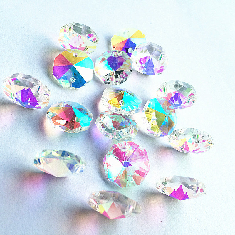 100PC AB Aurora Feng Shui Octagonal Bead Pendant Glass Faceted Prism Chandelier