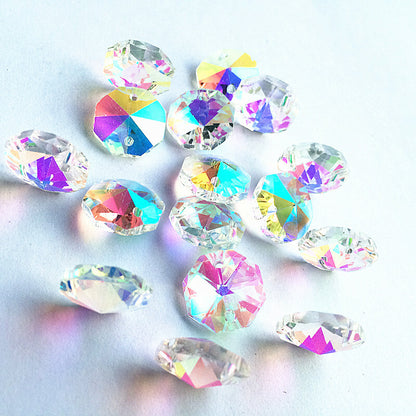 100PC AB Aurora Feng Shui Octagonal Bead Pendant Glass Faceted Prism Chandelier