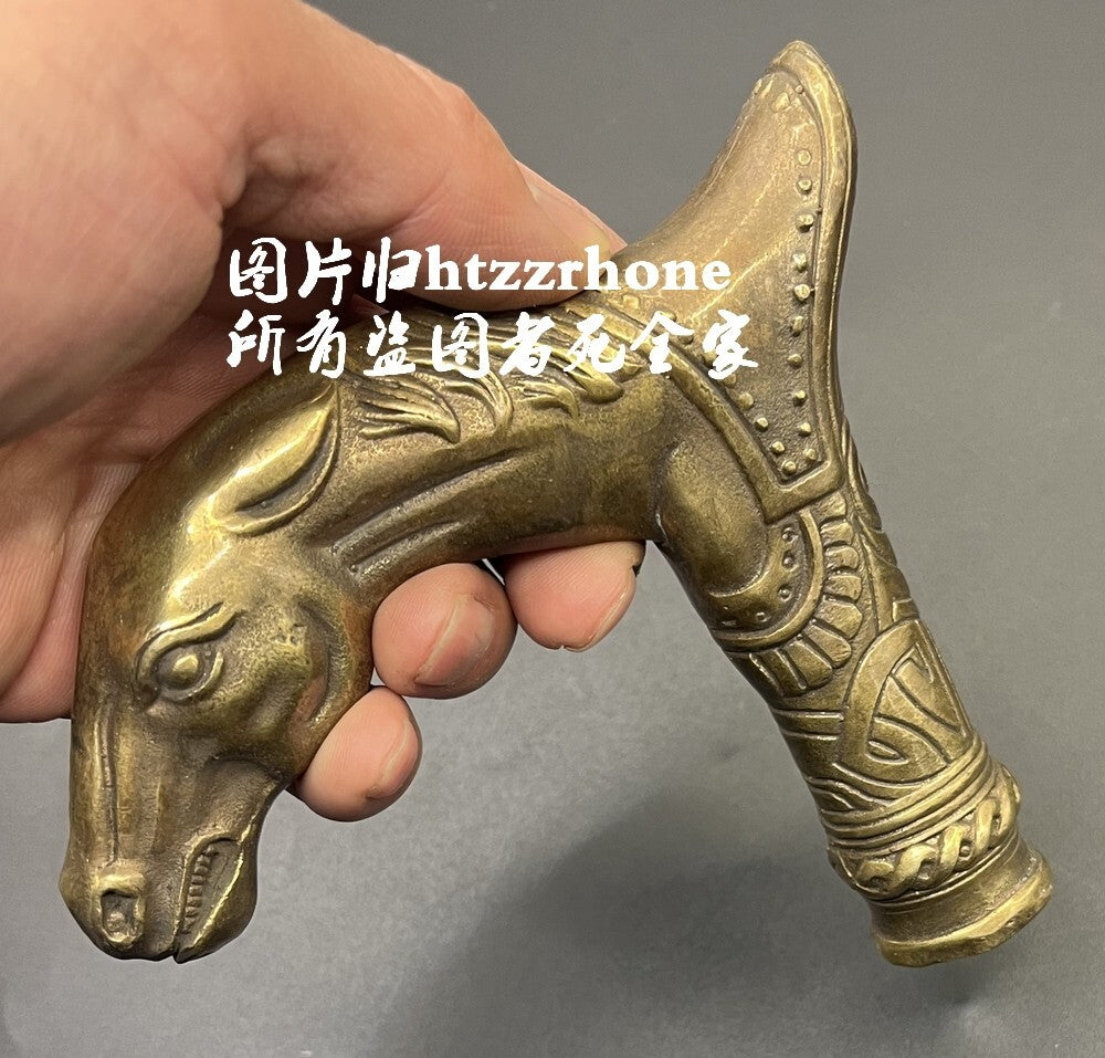 Brass Horse Head Statue Walking Stick Cane Handle Top Topper Hand Grip Collect