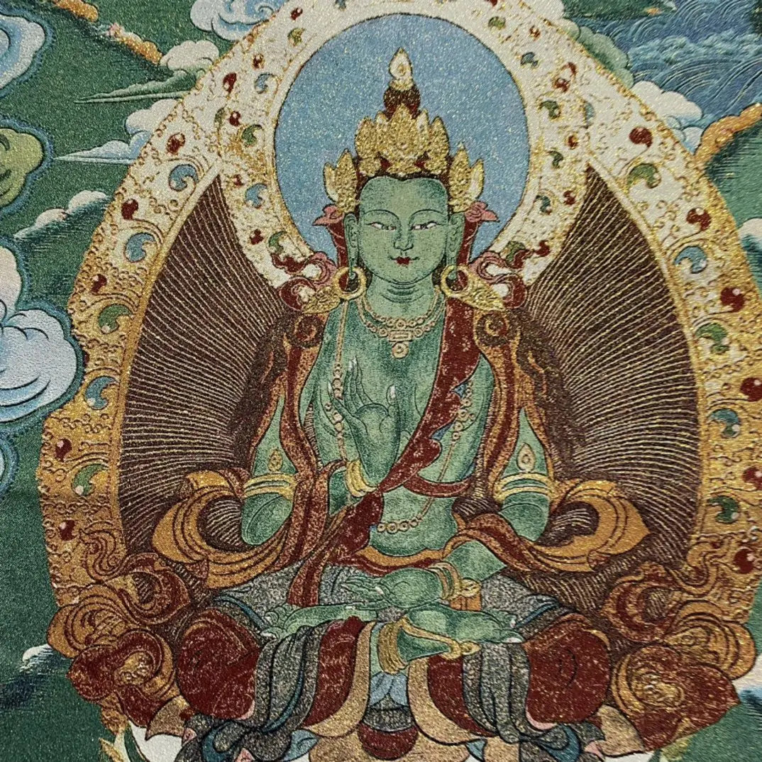 35"Thangka Embroidery Tibetan Buddhism Amitayus Green Tara Buddha lotus platform