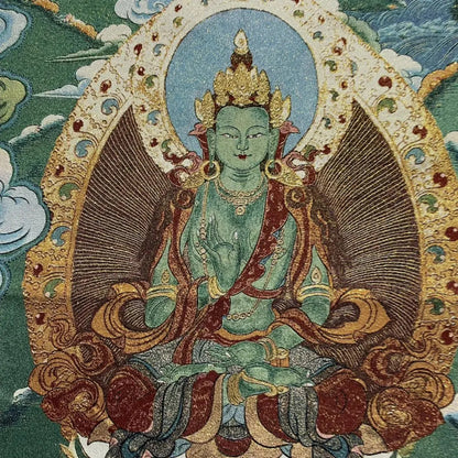 35"Thangka Embroidery Tibetan Buddhism Amitayus Green Tara Buddha lotus platform