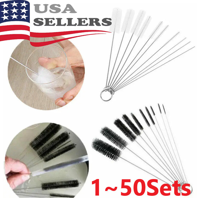 Nylon Straw Brush Cleaner Bottle Tube Pipe Small Long Cleaning 10Pcs Set USA