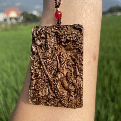 Woman Men Fashion Pendant Necklace Guan Gong 关羽 Wood Sculpture Amulet Pandent